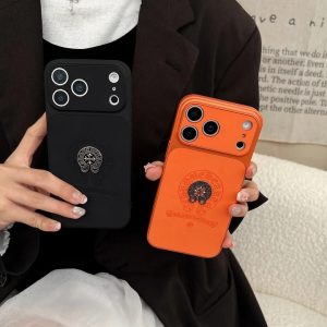 クロムハーツ iPhone ケース 高級レザー ストリート 潮流 ブラック オレンジ