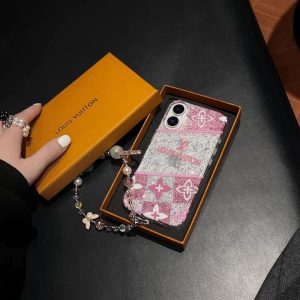 ルイ?ヴィトン iPhone ケース ピンク チェック柄 グリッター キラキラ ストラップ付き