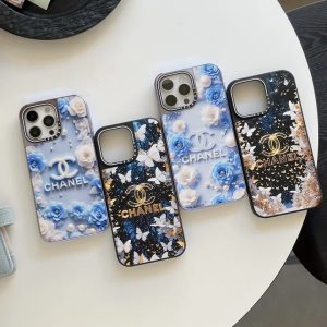 シャネル iPhone ケース アクリル 電気メッキ加工 マグネット 花柄 蝶柄