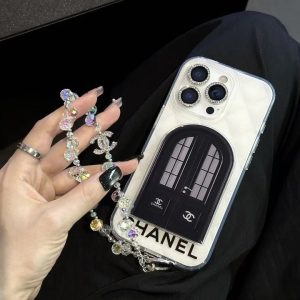 シャネル iPhone ケース 窓付き スタンドタイプ 落下防止 ストラップ付き 鏡面デザイン 女性向け ギフトに最適
