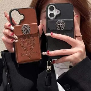 クロムハーツ iPhone ケース スマホショルダー ストラップ付き 型押し革 カード収納 MagSafe対応