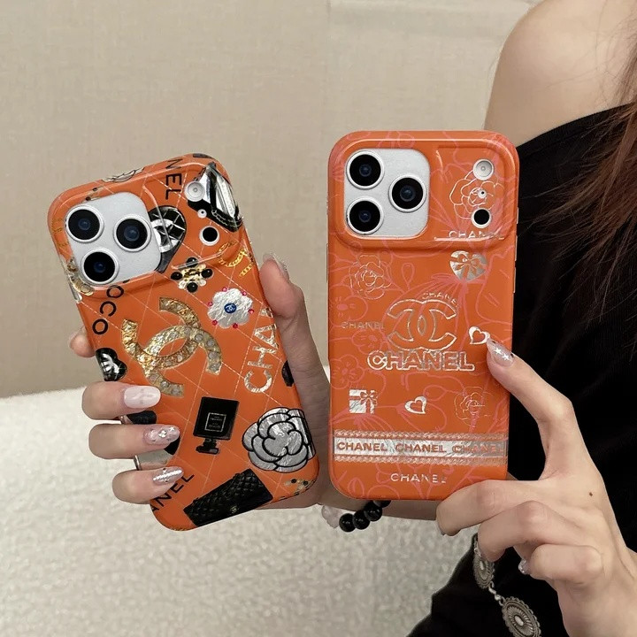 シャネル iPhone ケース アイコンプリント 人気 オレンジ