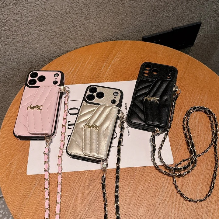 イヴ?サンローラン iPhone ケース ショルダー チェーン付き レザー 背面 カード収納 MagSafe対応 女性向け