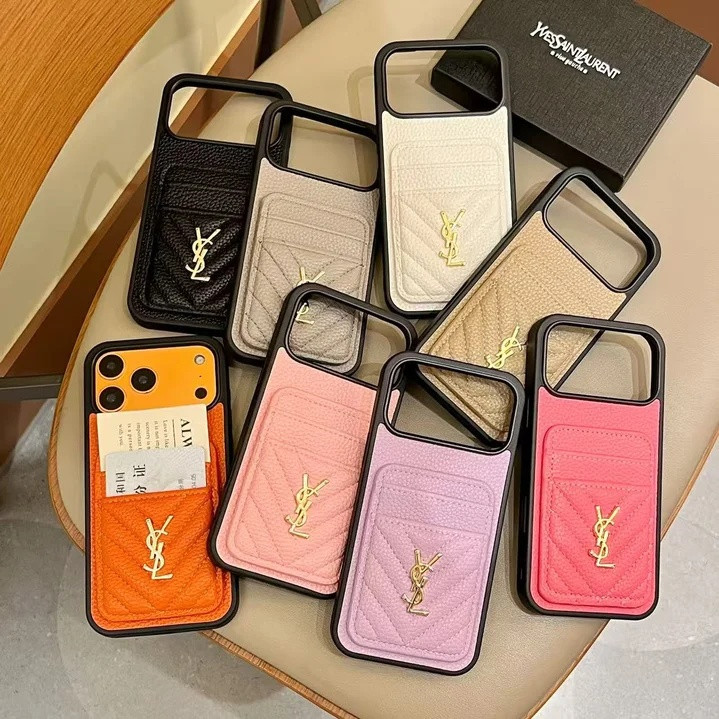 サンローラン iPhone ケース レザー 双層 カード収納 メタルロゴ MagSafe対応