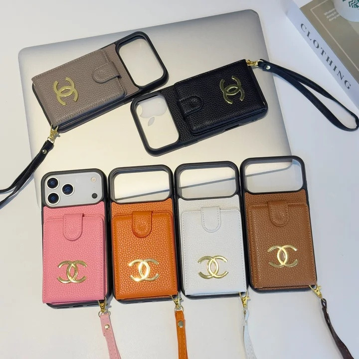 シャネル iPhone ケース フェイクレザー ライチテクスチャ 大人っぽい 上下フリップ カードケース ストラップ付き 落下防止