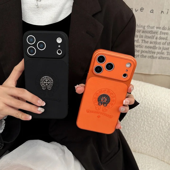 クロムハーツ iPhone ケース 高級レザー ストリート 潮流 ブラック オレンジ