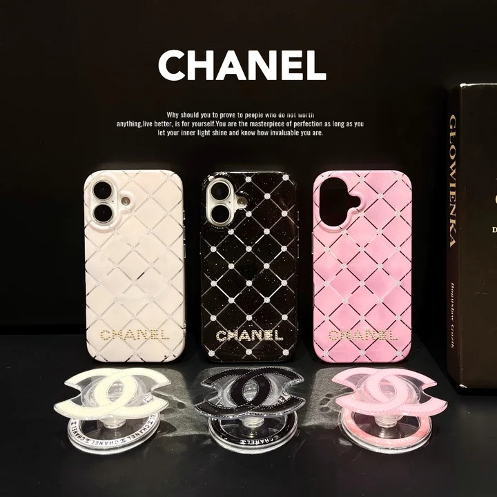 シャネル iPhone ケース グリッター チェック柄 マグネットスタンド ラインストーン付き