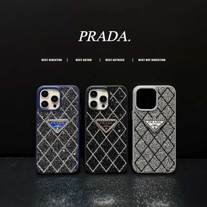 プラダ iPhone ケース ダイヤ柄 キラキラ シリコン おしゃれ 三角プレート 全面保護