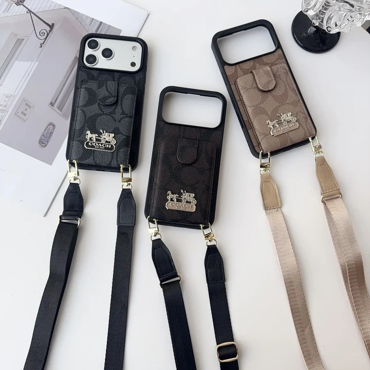 コーチ iPhone ケース ショルダー ストラップ付き モノグラム レザー 背面 カードポケット収納