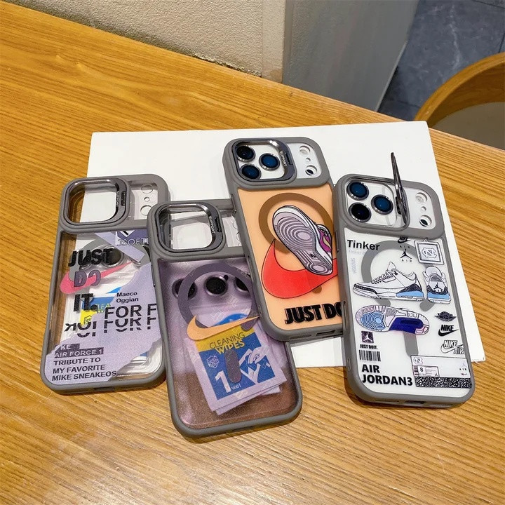 ナイキ iPhone ケース アクリル メタルレンズスタンド 角度調整可能 スニーカー柄