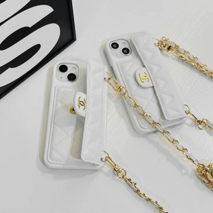 シャネル iPhone ケース スマホショルダー キャビアレザー ホワイト 背面カード収納 おしゃれ MagSafe対応