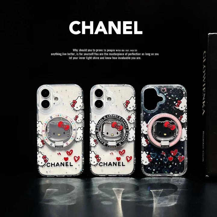 シャネル iPhone ケース キティ ネコ柄 可愛い マグネット メタル 折りたたみ スタンド