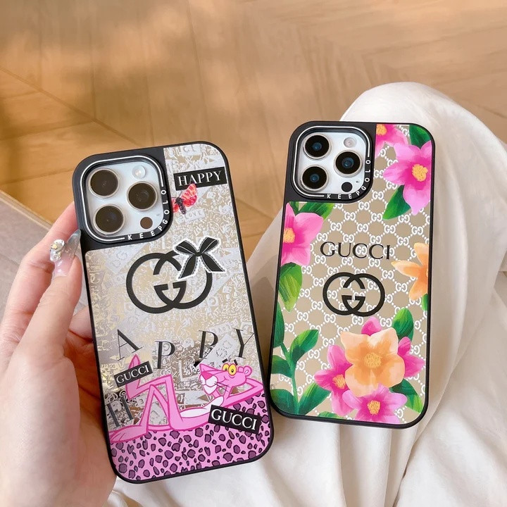 グッチ iPhone ケース MagSafe対応 鏡付き アクリル製 花柄デザイン ピンクパンサー 可愛い人気アイテム