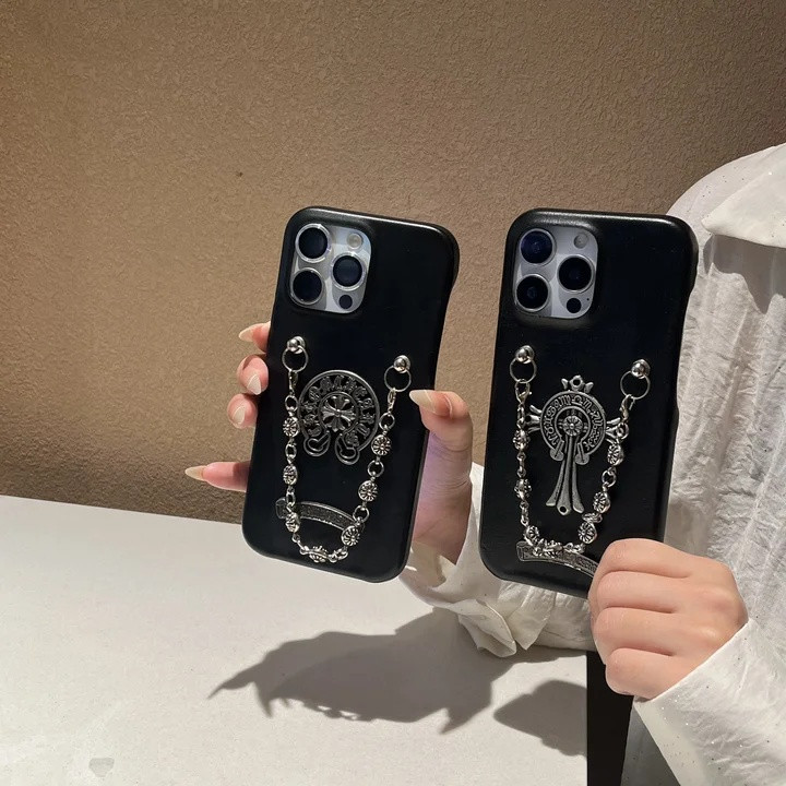 クロムハーツ iPhone ケース レザー ブラック ストリートファッション アイコンロゴ 手提げ チェーン付き 落下防止