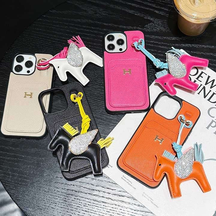 エルメス iPhone ケース レザー 本革 カード収納 耐衝撃 ポニーペンダント