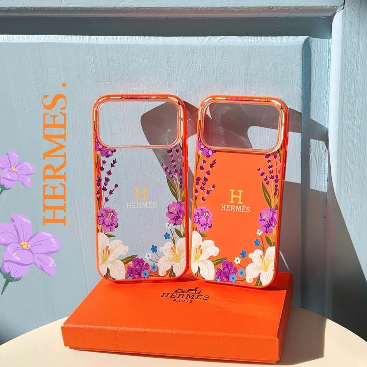 エルメス iPhone ケース アクリル 花柄 ロゴプリント ストラップ リング付 かわいい