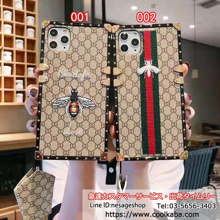 グッチ iPhone ケース トランク型 刺繍ミツバチ ネックストラップ付き 紛失防止