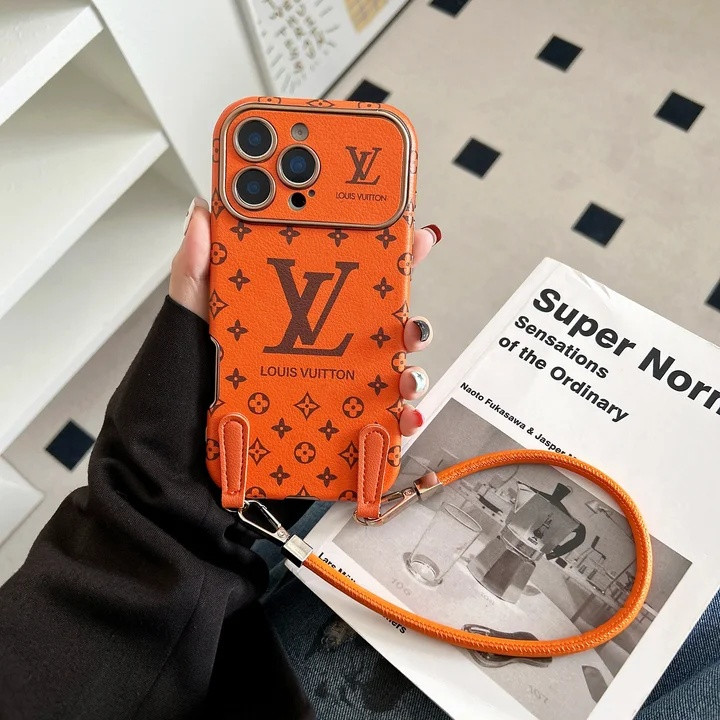 ルイヴィトン iPhone ケース モノグラム レザー オレンジ 紐付き ストラップ付き 落下保護