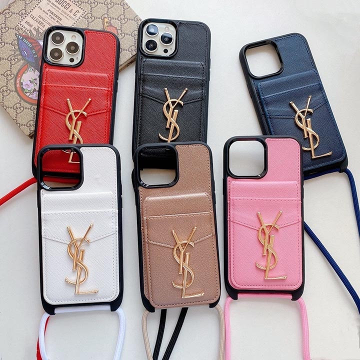 サンローラン iPhone ケース レザー カード入れ付き 背面ショルダー 斜め掛けスタイル