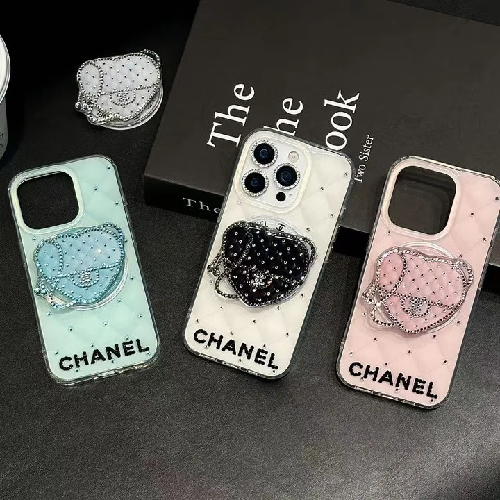 シャネル iPhone ケース ダイヤ柄キラキラ ハート型マグネットスタンド ストラップ付き 人気