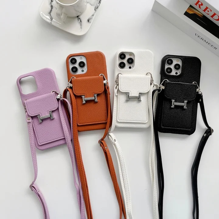 エルメス iPhone ケース ショルダータイプ ストラップ付き カーフレザー ライチ風 カード収納