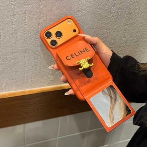 セリーヌ iPhone ケース カード収納 ミラー付き 背面収納 高級感 オレンジ MagSafe対応
