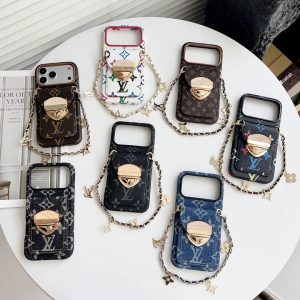 ルイヴィトン iPhone ケース モノグラム デザイン カード収納 ショートチェーン付き 落下防止