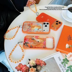 エルメス iPhone ケース 馬柄 花 可愛い ストラップ付き 落下防止 MagSafe対応