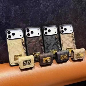 コーチ iPhone ケース & AirPods ケース 2点セット レザー カード収納 チェーン付き