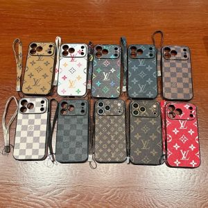 ルイヴィトン iPhone ケース ダミエデザイン PUレザー ショートストラップ付き 落下防止 レンズ保護