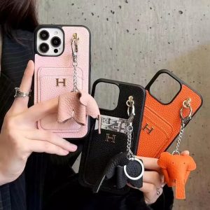 エルメス iPhone ケース 背面カード入れ ゾウ柄 ストラップ付き カーフレザー レディース向け